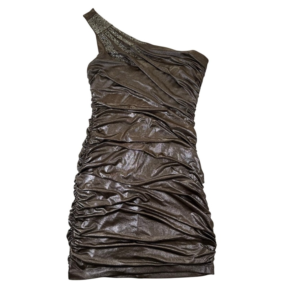 VTG City Triangles Dress Bronze Metallic Ruched Rhinestone One Shoulder‎ Large